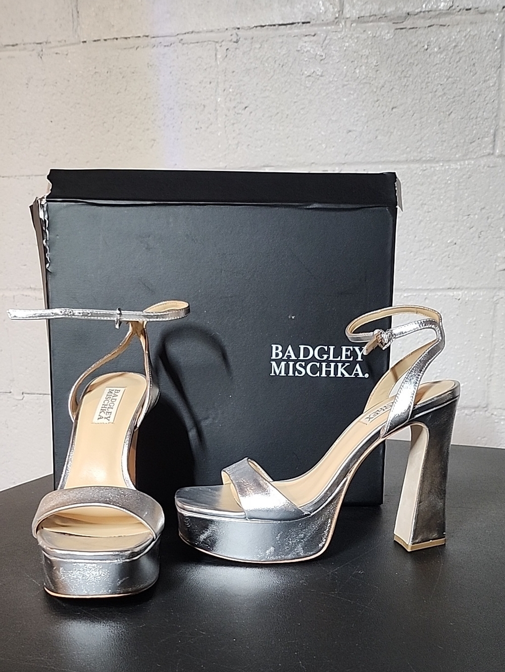 Badgley Mischka Caia Metallic Silver Platform Heels with Ankle Strap